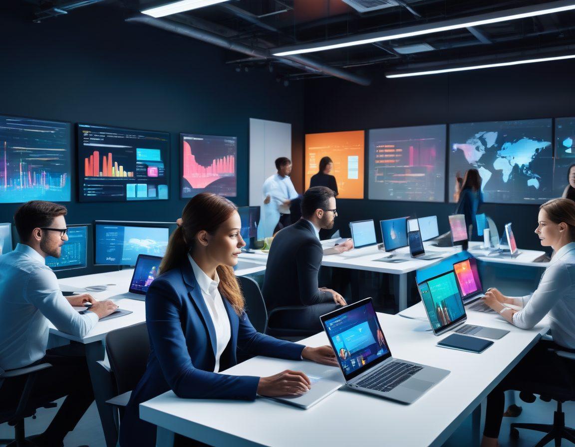 A modern office setting showcasing diverse HR professionals using innovative software on sleek laptops and tablets, surrounded by holographic displays of talent analytics and employee engagement metrics. The atmosphere is dynamic and futuristic, reflecting collaboration and efficiency. Bright colors emphasize technology's transformative power in talent management. super-realistic. vibrant colors. 3D.