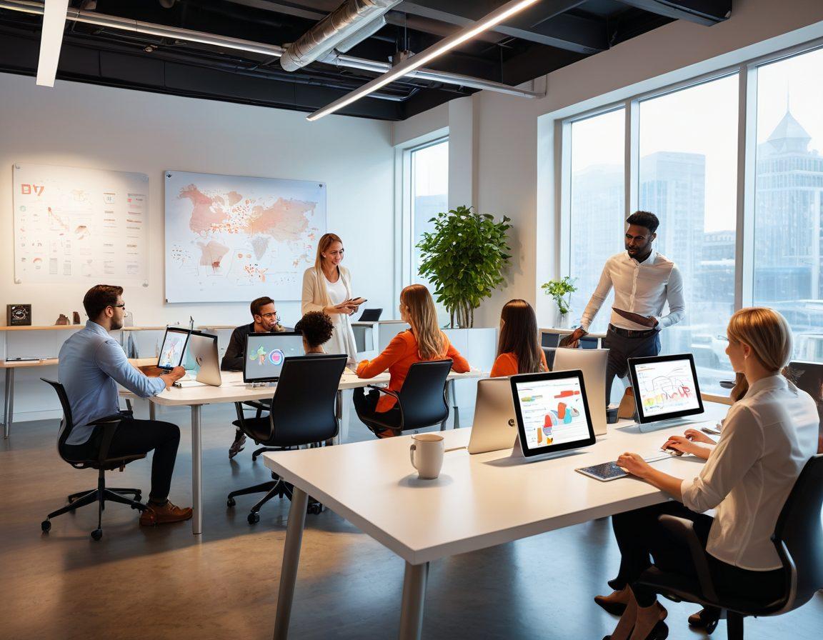 A diverse group of professionals collaborating in a modern office setting, showcasing innovative HR strategies such as brainstorming on digital tablets, displaying progress charts, and interacting in a vibrant, energizing environment. The background features futuristic elements like smart screens and adjustable workspaces, symbolizing growth and potential. Lively colors and dynamic poses highlight teamwork and creativity. super-realistic. vibrant colors. modern design.