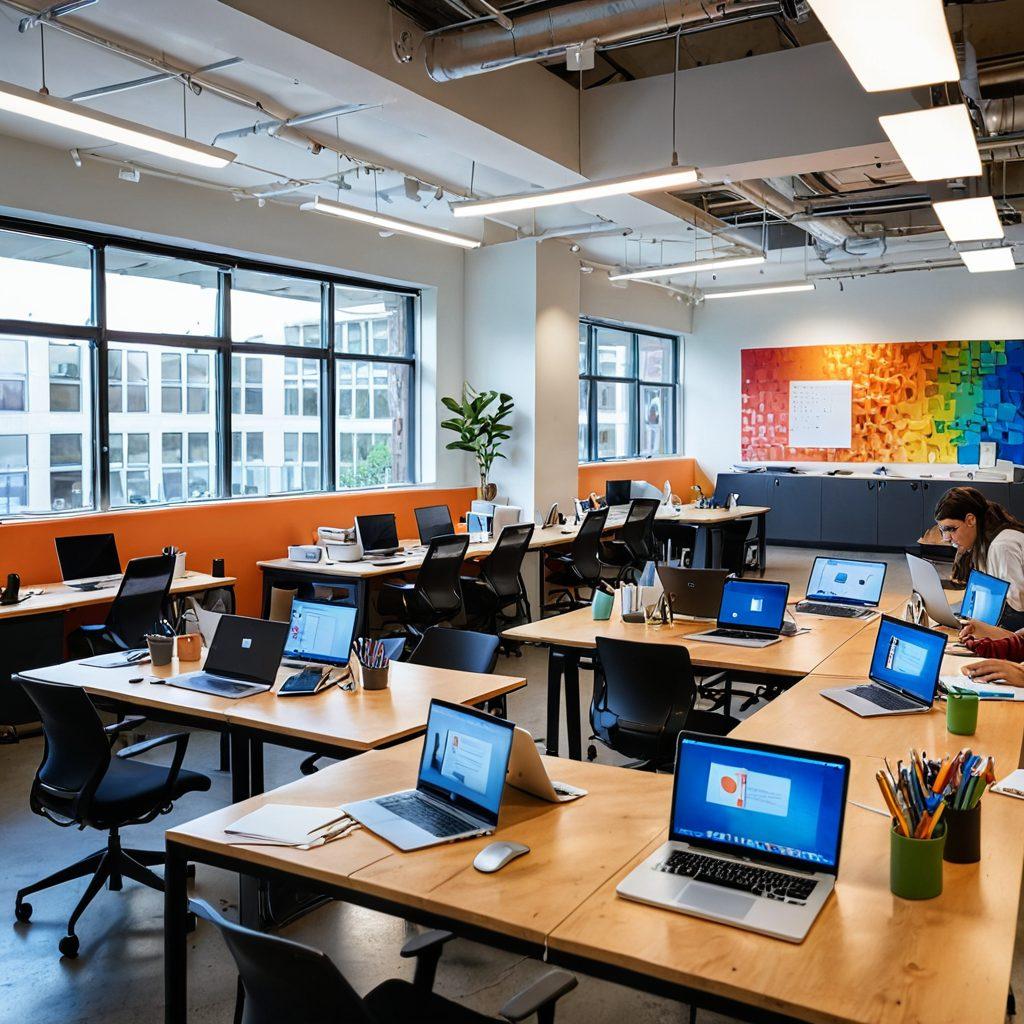 A collaborative workspace filled with diverse individuals engaging in teamwork, showcasing various cultures and backgrounds. The scene should include colorful brainstorming boards and modern technology, reflecting innovative strategies for inclusion. A warm and inviting atmosphere captured through natural light and vivid colors emphasizes the importance of unity and respect. super-realistic. vibrant colors. modern office setting.
